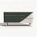 Green and white geometric storage cabinet with gold hardware 150 x 45 x 75cm