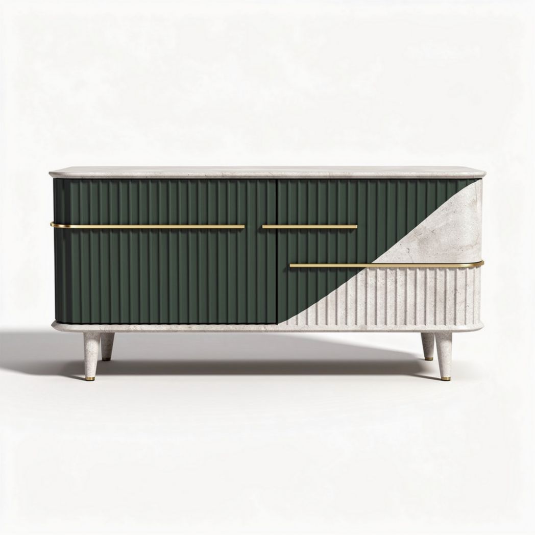 Green and white geometric storage cabinet with gold hardware 150 x 45 x 75cm