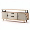 Wooden media console with two drawers and open shelf in beige and oak, 150 x 40 x 60cm