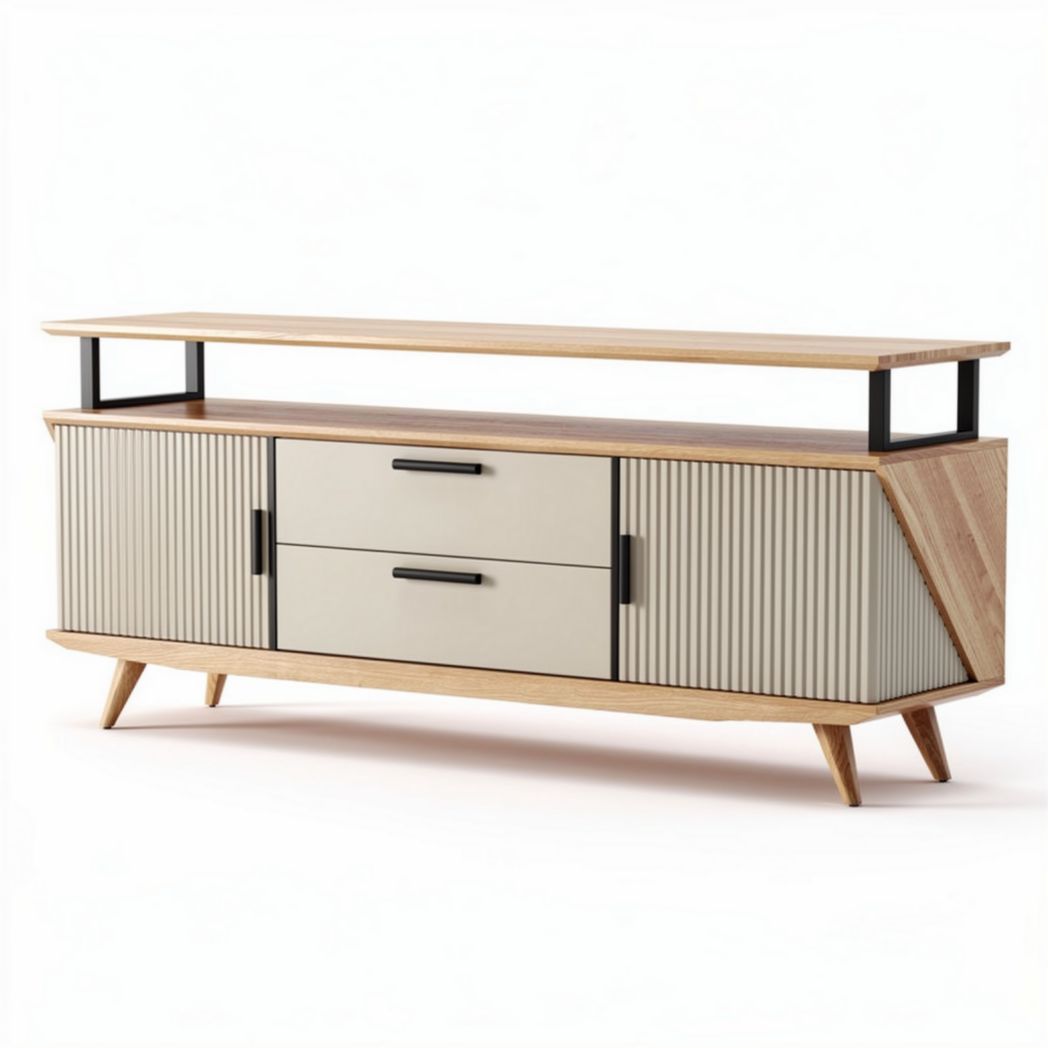 Wooden media console with two drawers and open shelf in beige and oak, 150 x 40 x 60cm