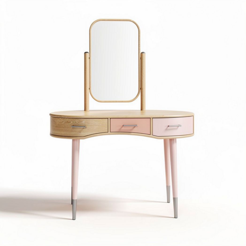Wooden vanity table with round mirror and two drawers in pastel colors 80 x 40 x 150cm