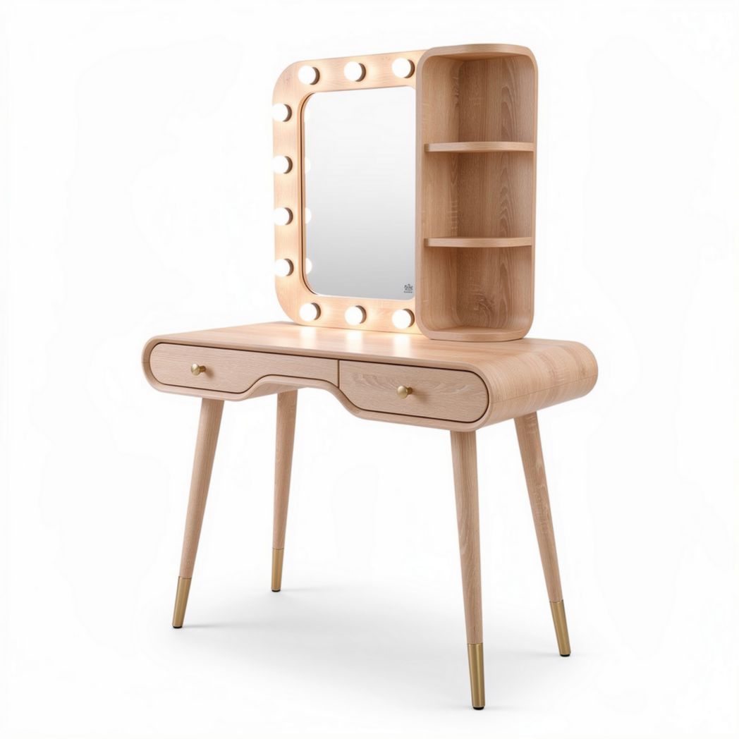 Wooden vanity desk with mirror and built-in storage shelves 100 x 40 x 140cm