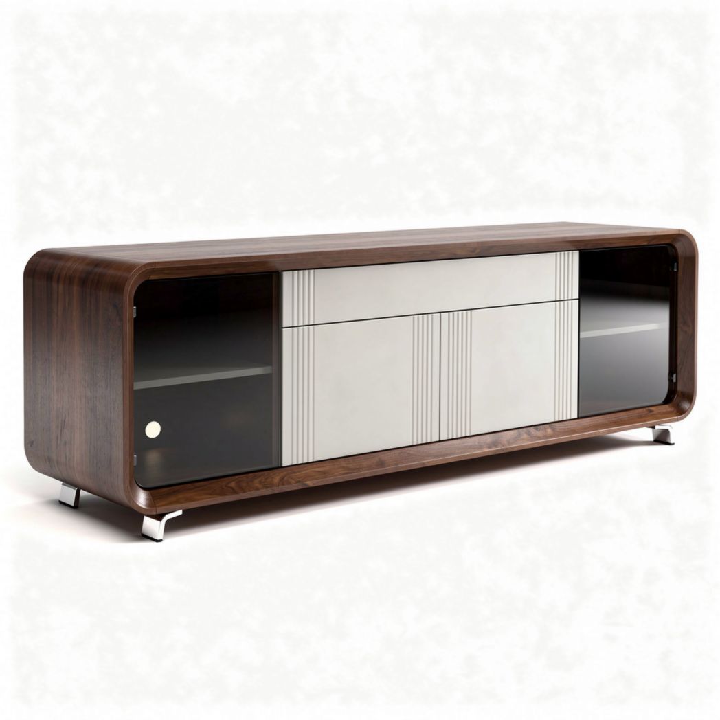 Wooden media console with glass doors and storage drawers 200 x 40 x 50cm