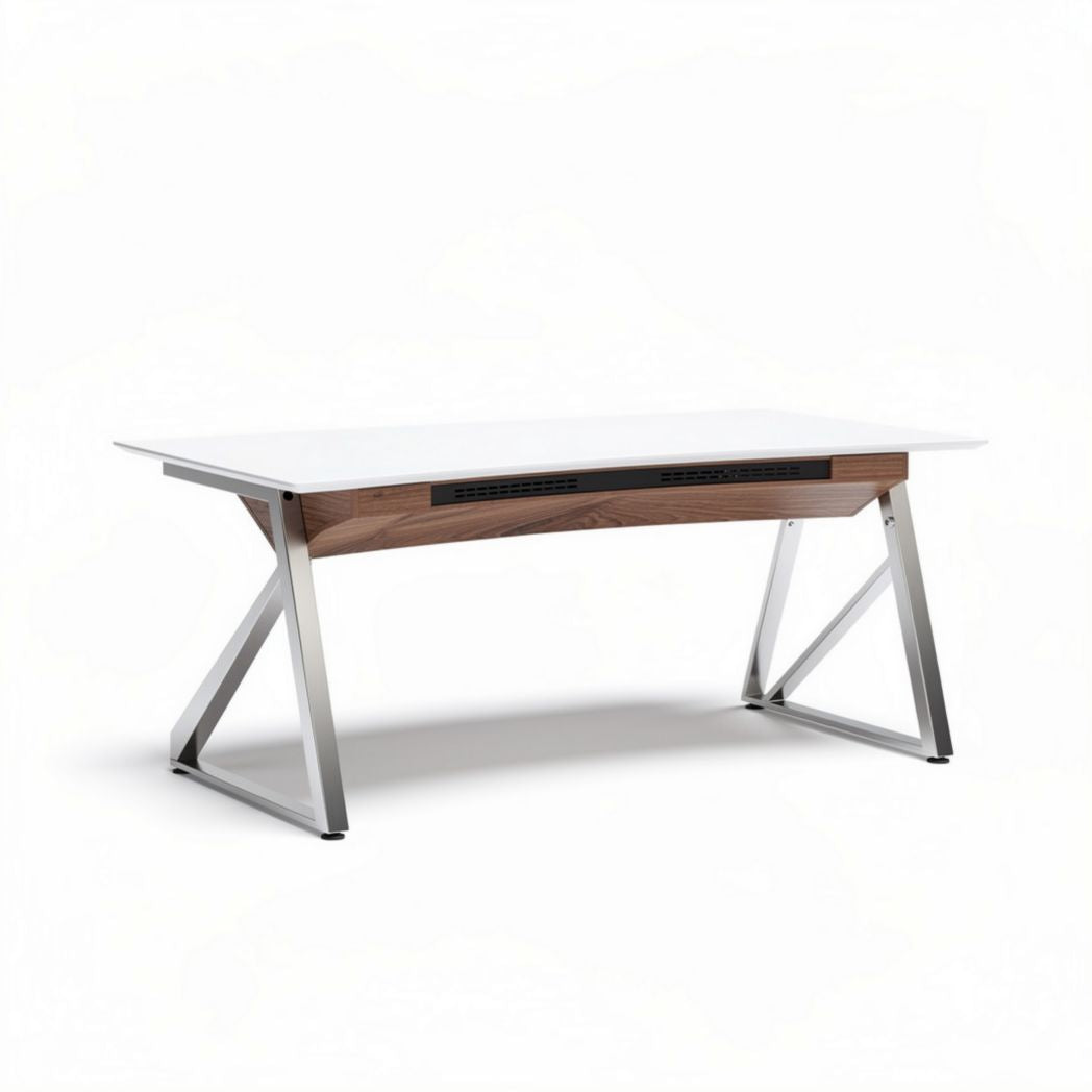 Modern white and walnut wood office desk with metal legs 150 x 75 x 75cm