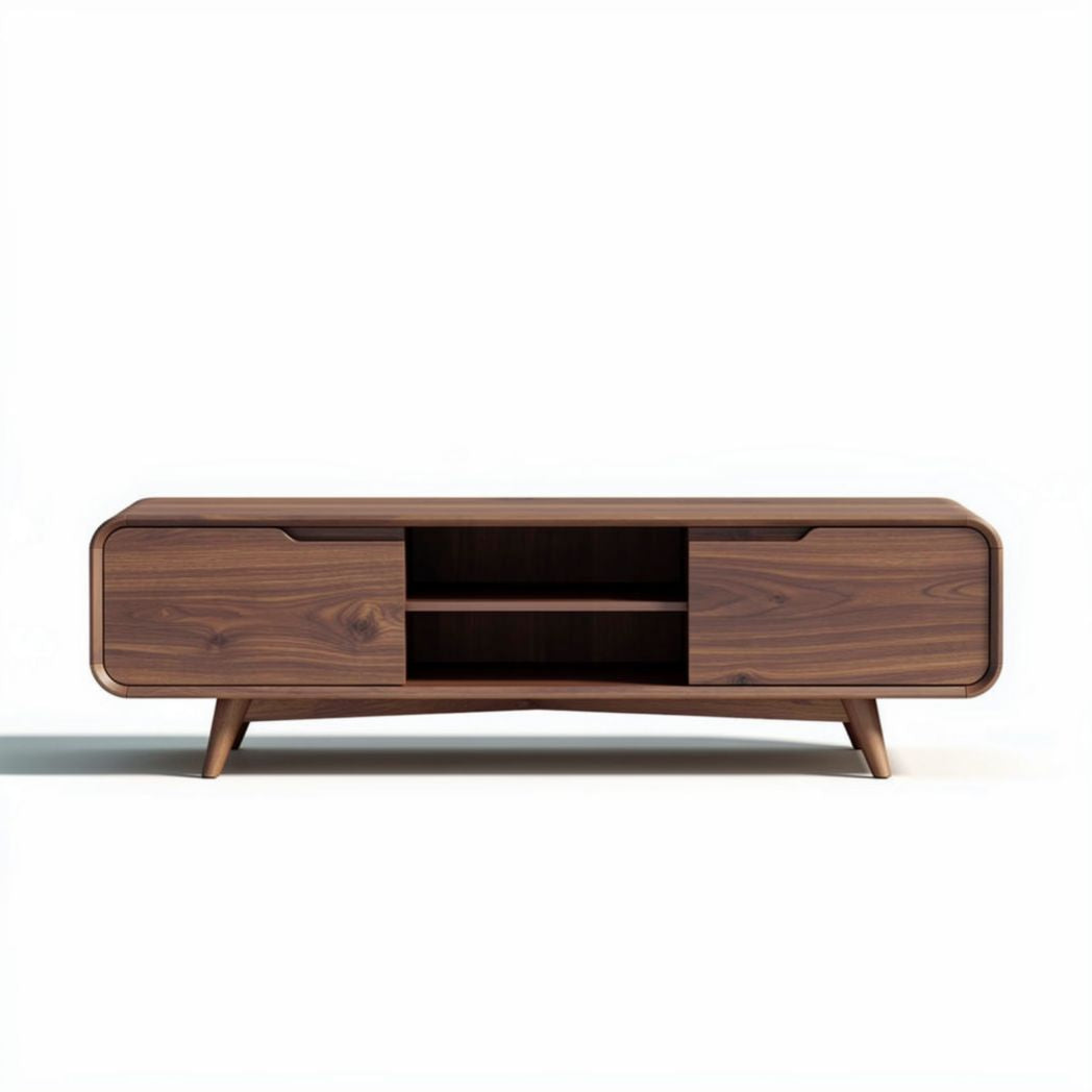 Walnut wood media console with two storage cabinets and open shelf 120 x 40 x 50cm