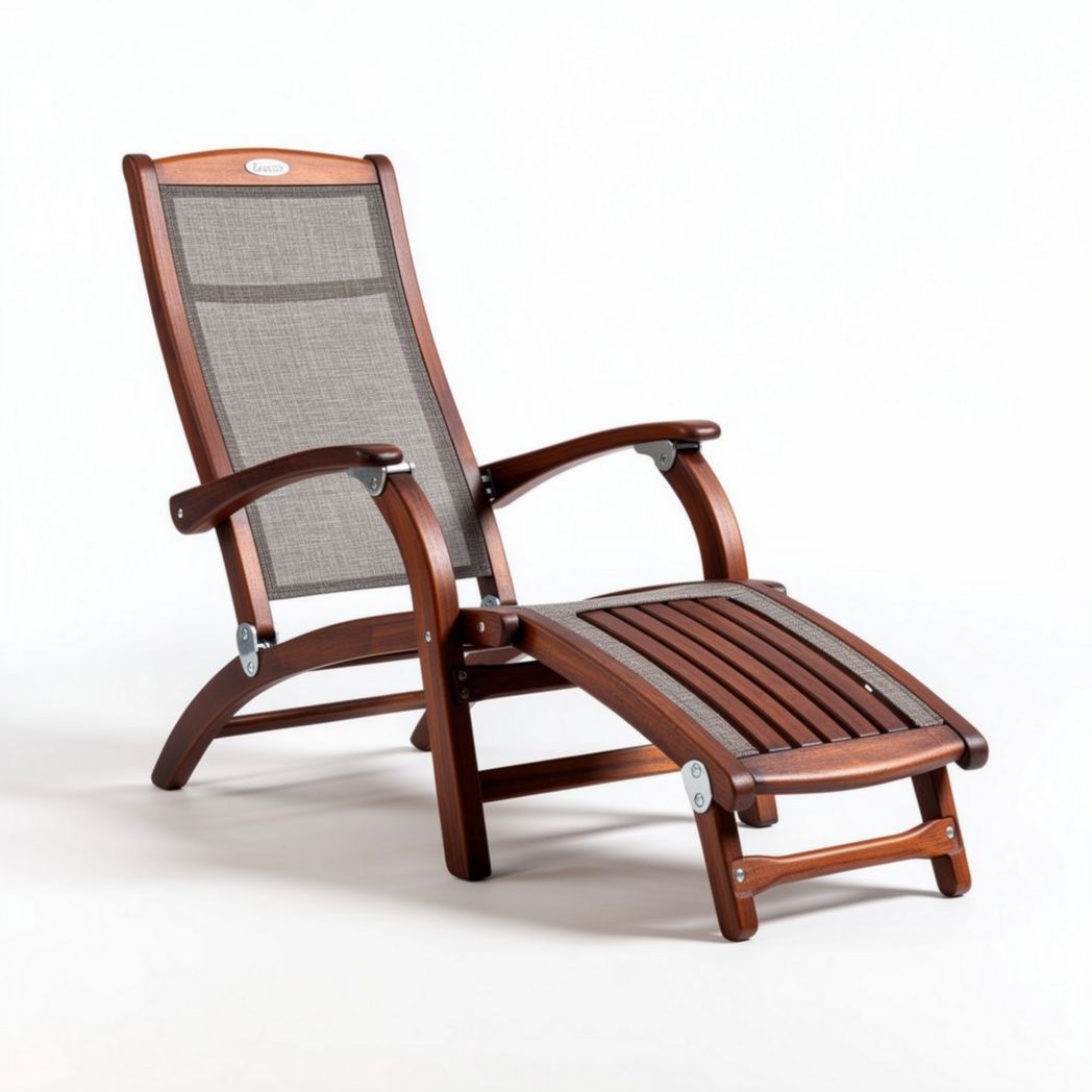 Wooden reclining lounge chair with mesh fabric seat brown color 120 x 60 x 90cm