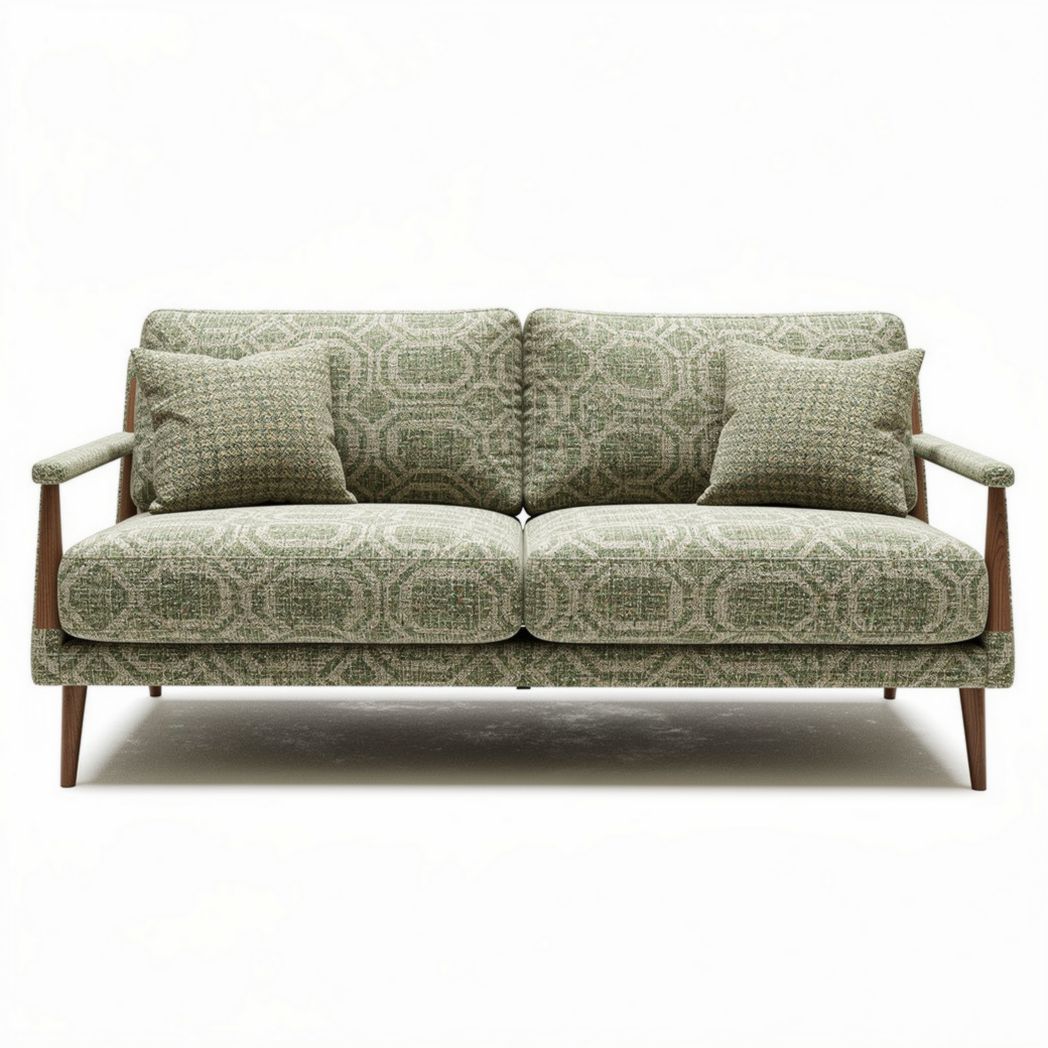 Green patterned fabric sofa with wooden armrests and two cushions 180 x 85 x 70cm