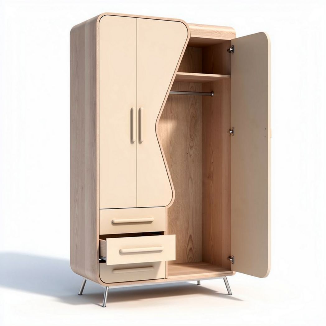 Modern wooden wardrobe with two doors and drawers in natural finish 100 x 50 x 200cm