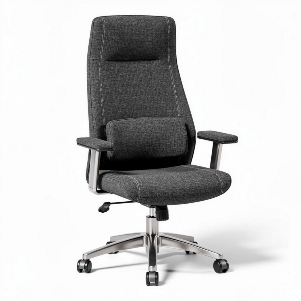 Ergonomic office chair in gray fabric with adjustable height and lumbar support